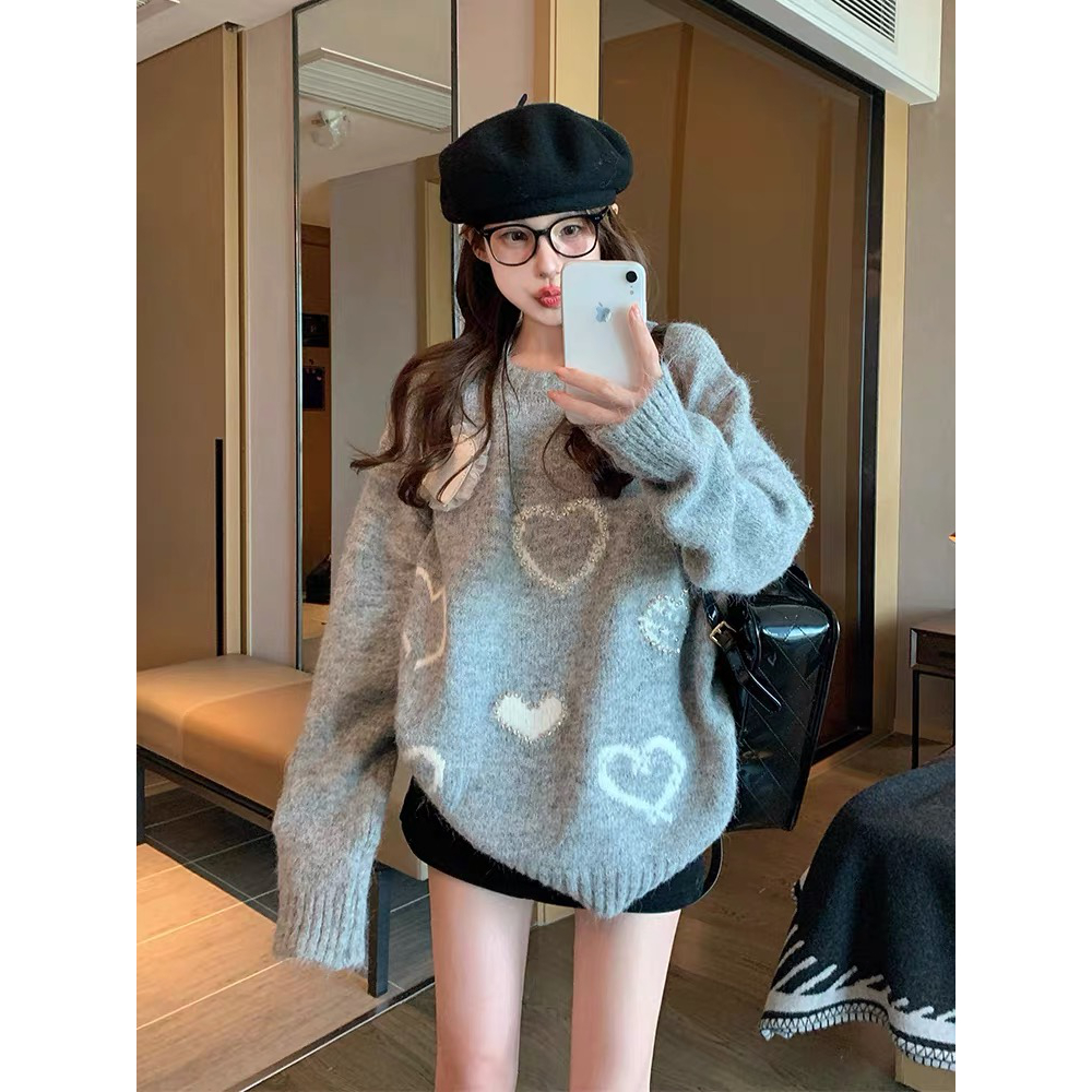 粉色爱心套头毛衣女2025新款冬季加厚宽松休闲设计感慵懒风针织衫