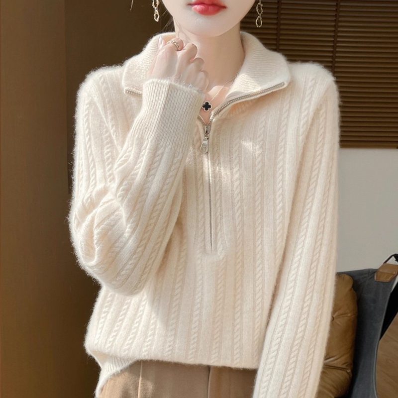 100纯羊毛衫女秋冬半拉链宽松加厚纯色针织打底衫时尚羊绒衫毛衣