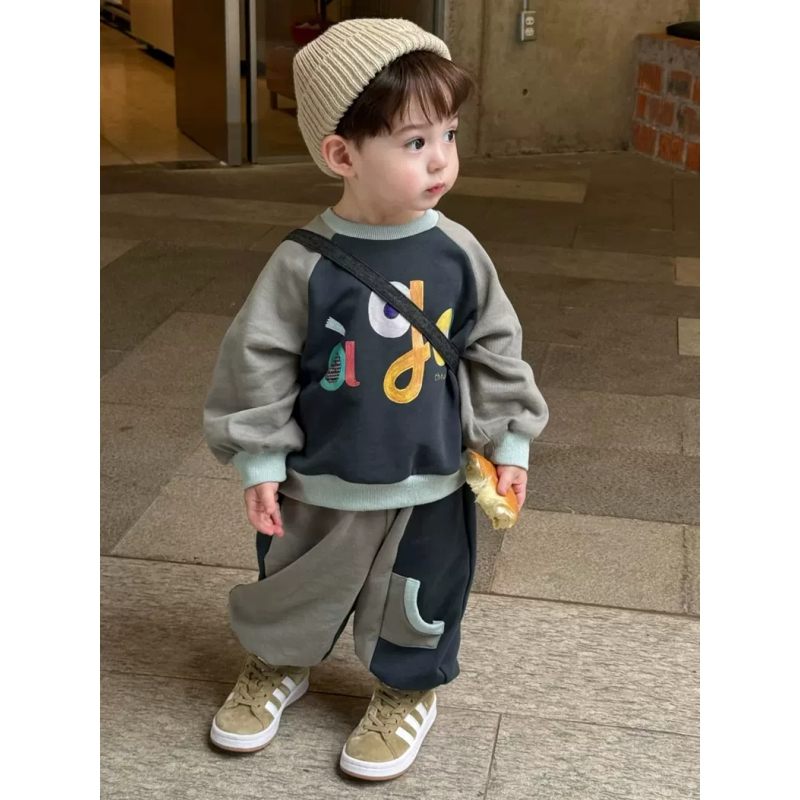 男童春秋套装儿童2025新款韩版拼色圆领卫衣女宝宝洋气束腿卫裤薄