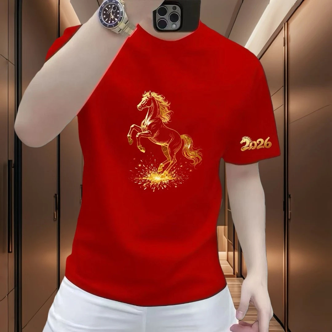 本命年红色重磅纯棉骏马印花短袖圆领男士潮流百搭个性