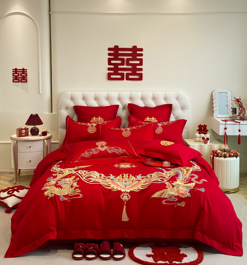 富安娜龙凤刺绣婚庆四件套大红结婚喜被套婚房喜庆床上用品