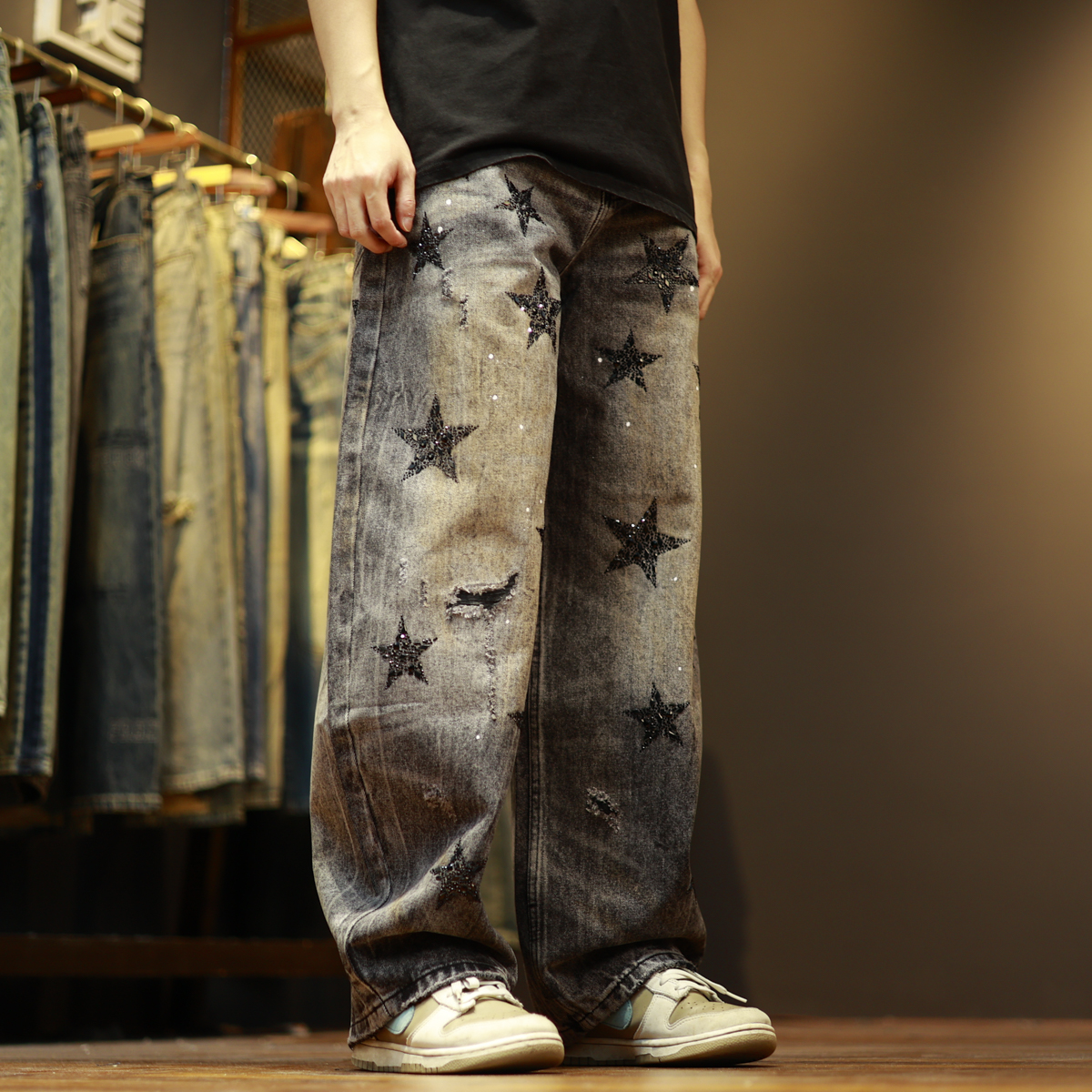 31059潮流高街星星宽松水洗刮烂休闲直筒牛仔裤