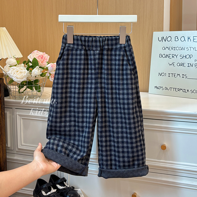 女童新款秋季百搭黑色格子休闲裤女宝宝韩版休闲时尚洋气直筒裤子