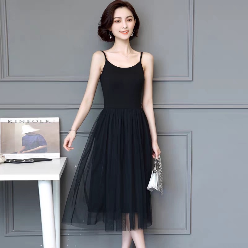 吊带连衣裙女夏季新款内搭网纱裙子高级感吊带外穿黑色显瘦打底裙