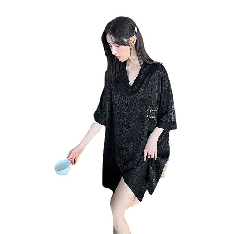 追属夏天女睡裙冰丝薄款性感可爱A字短袖蕾丝黑色镂空丝绸睡衣裙