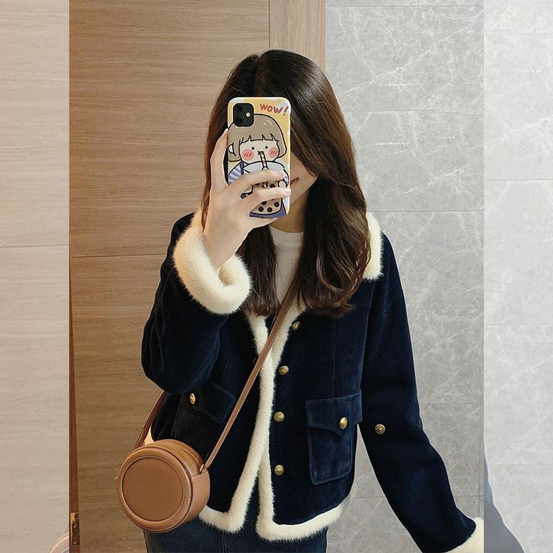 2025新款爆款巨好看的初冬藏蓝色小香风加绒加厚羊羔绒外套女冬季