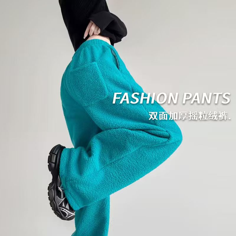 双面加绒加厚摇粒绒阔腿裤女慵懒风冬季高腰宽松保暖百搭休闲长裤