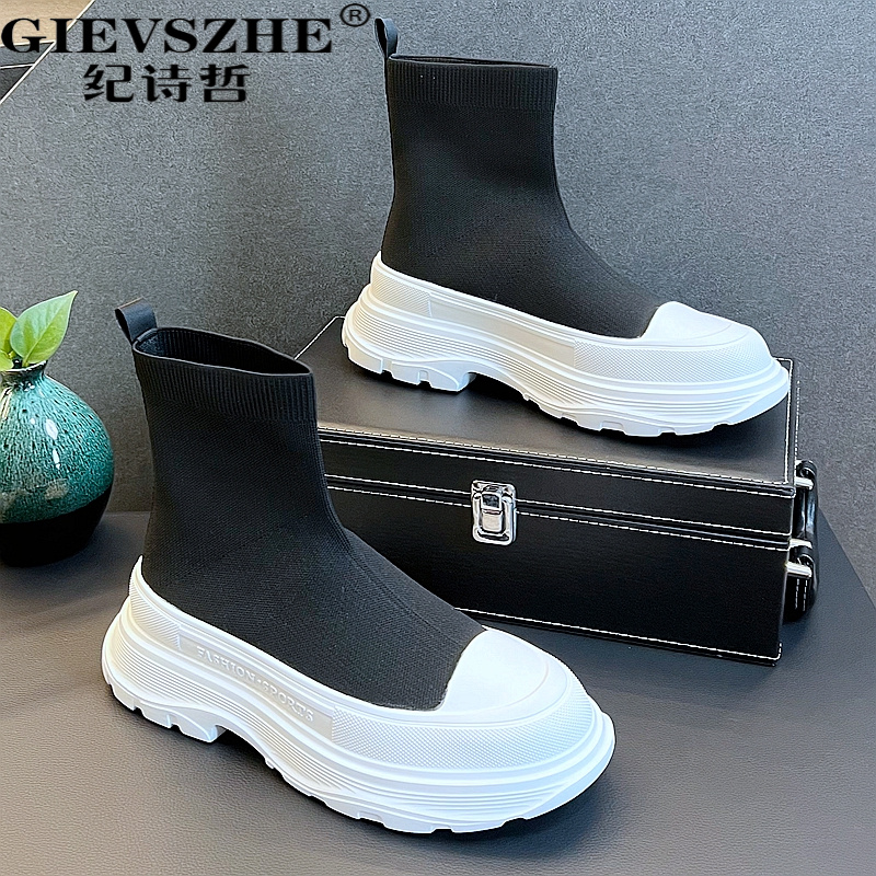 纪诗哲飞织网面袜子鞋男秋季透气高帮鞋韩版时尚复古轻便高帮板鞋