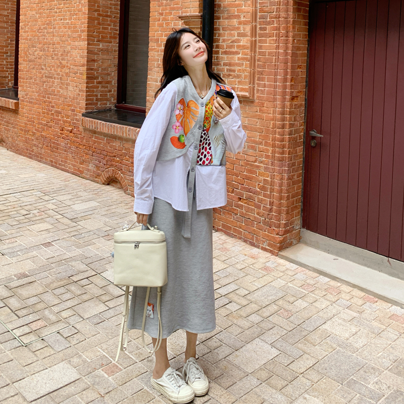 小众艺术生招财猫印花拼接衬衫半身裙套装女2025秋高级时尚两件套