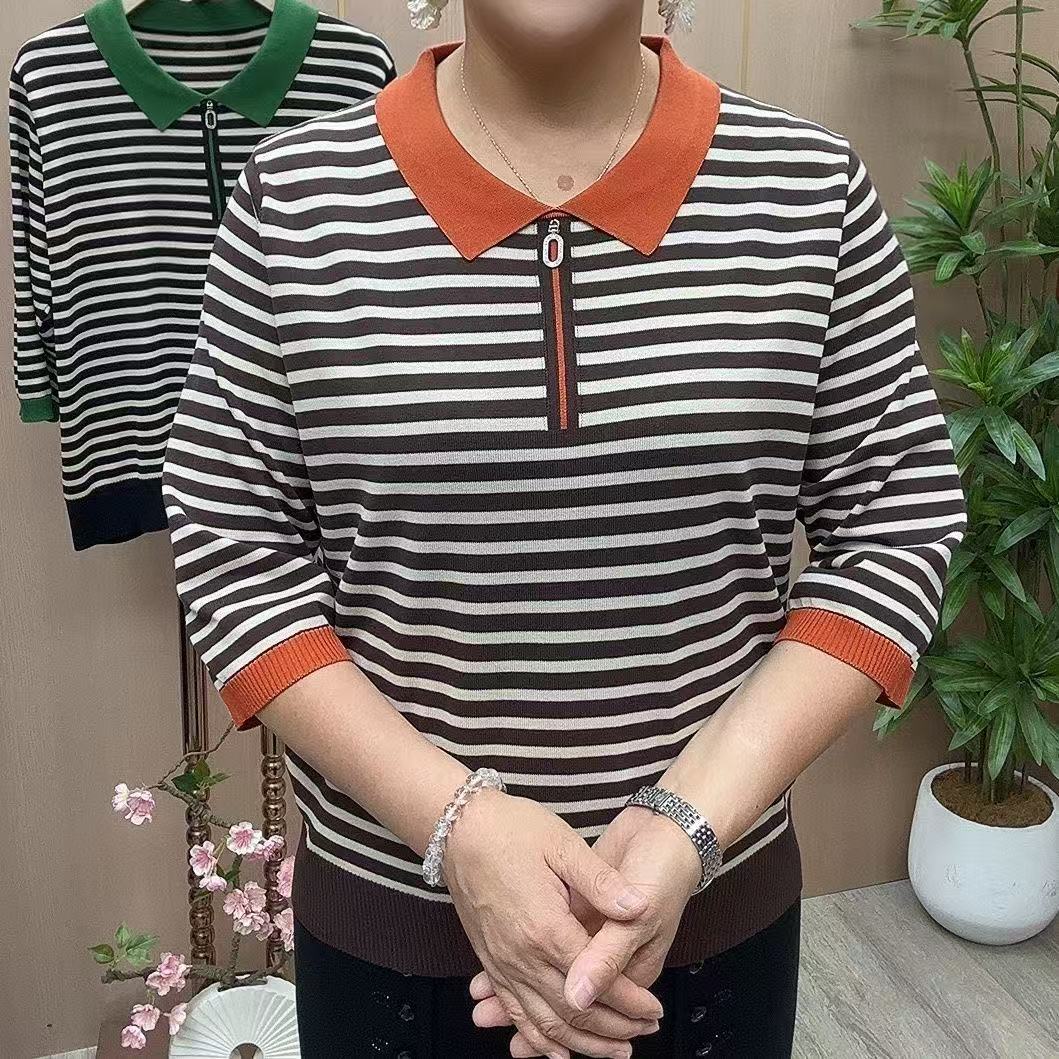 洋气妈妈针织条纹宽松春秋新款时尚上衣