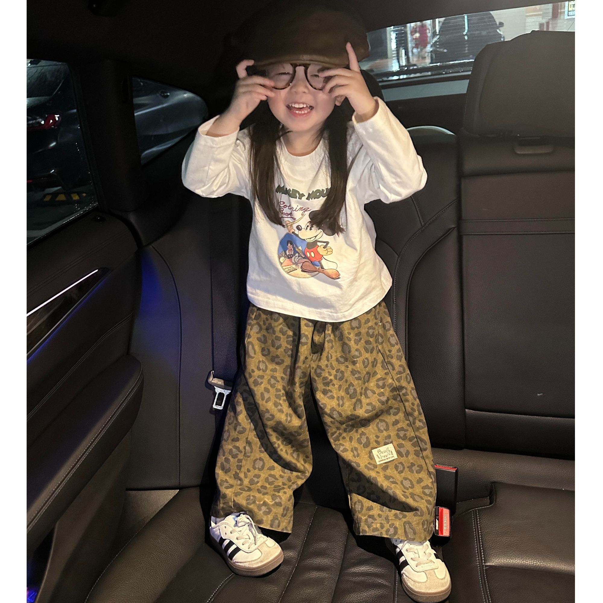 《现货》2025秋季新女童韩版洋气百搭甜酷风卡通印花T恤豹纹裤套装
