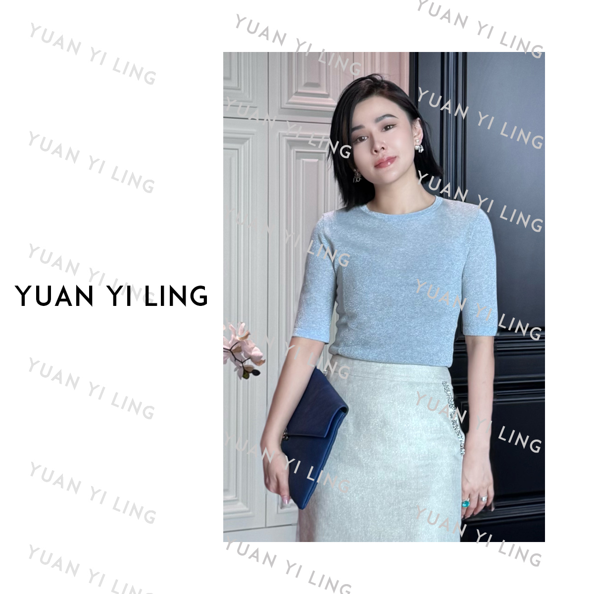 袁艺灵【卡戴珊】25夏季新款收腰金丝亚麻圆领针织衫（洗后平铺晾干）