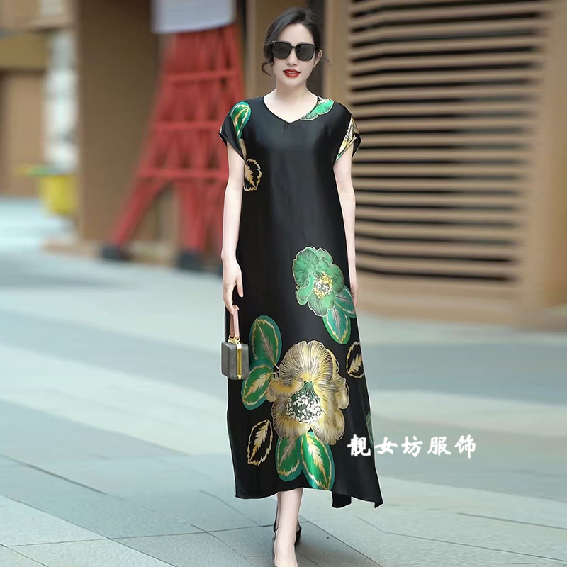 高级感醋酸连衣裙夏季新款阔太太轻奢风中长裙宽松遮肚显瘦长裙子