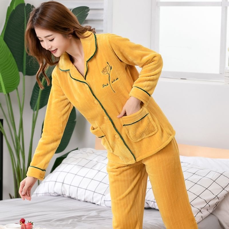 珊瑚绒睡衣女士春秋冬季加厚加绒可爱法兰绒两件套装可外穿家居服