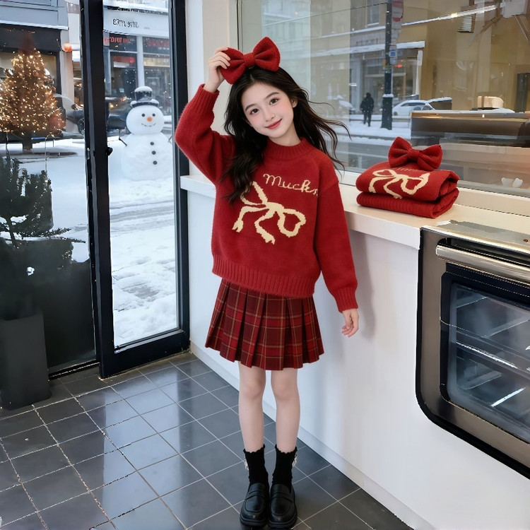 女童毛衣秋冬装2026新款大童加厚套头针织上衣儿童冬季百褶裙套装