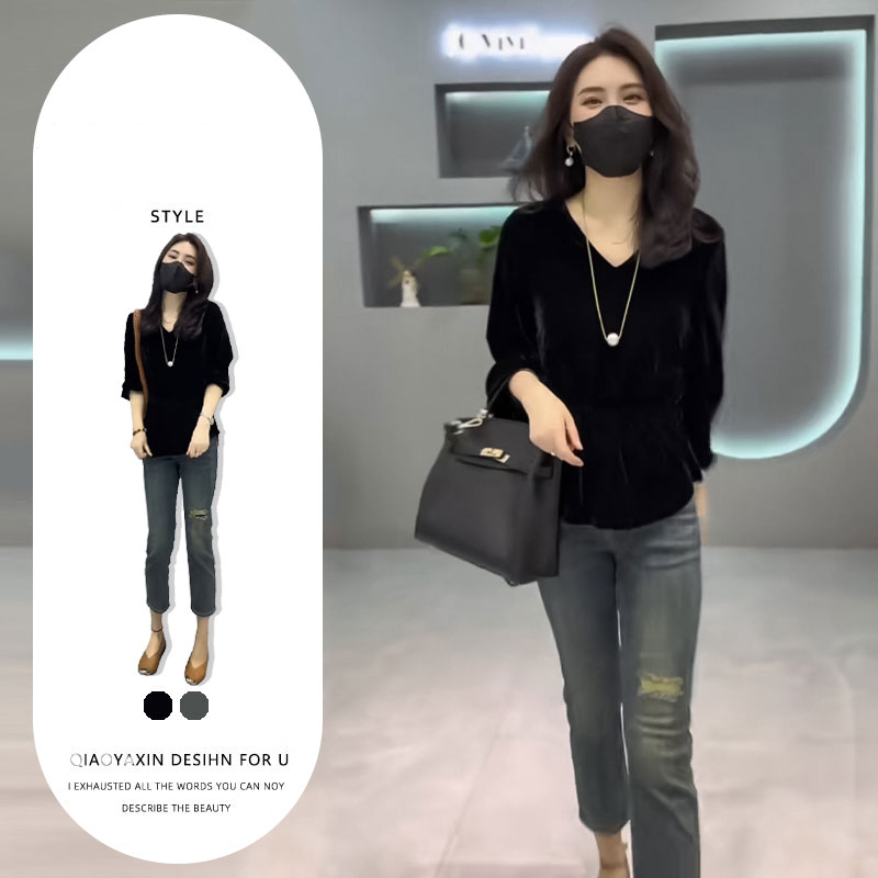 春秋法式气质v领长袖丝绒上衣+高腰气质破洞牛仔裤茶歇风气质套装