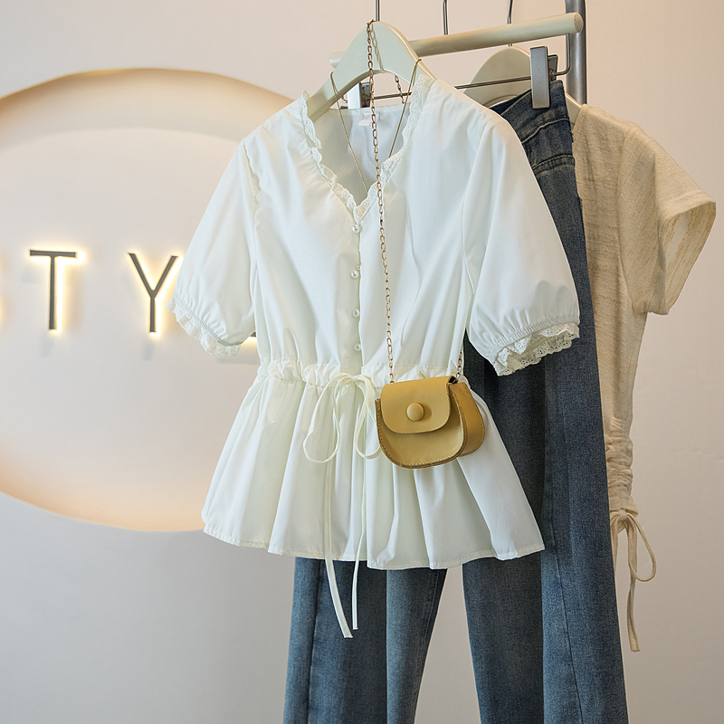 MISU/糜素蕾丝边V领短袖衬衫女衬衣夏季短款收腰系带泡泡袖娃娃衫