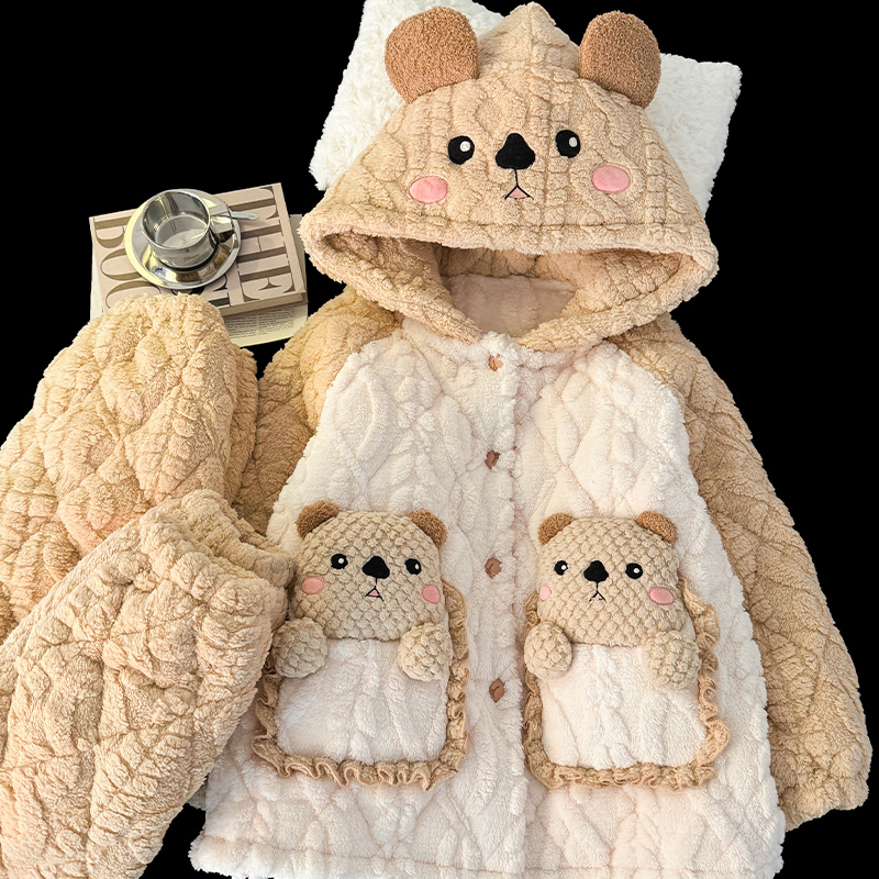 睡衣女秋冬季加绒加厚三层夹棉珊瑚绒冬天可爱卡通保暖家居服套装