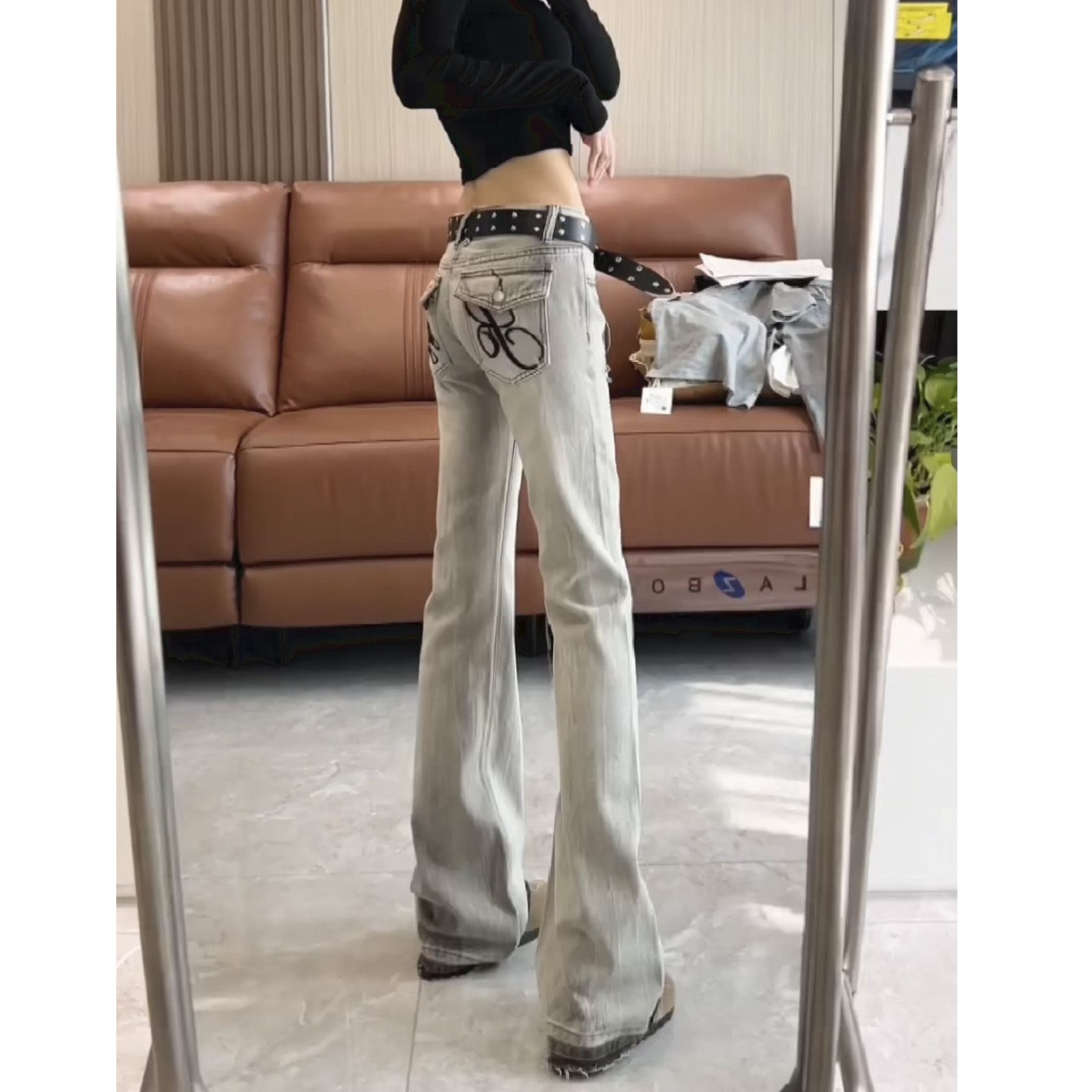 高个子加长复古辣妹刺绣低腰微喇牛仔裤女春夏弹力显瘦毛边喇叭裤