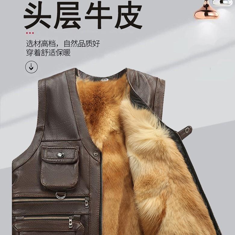 真皮马甲男头层牛皮背心羊毛皮毛一体坎肩秋冬季加厚保暖中老年人