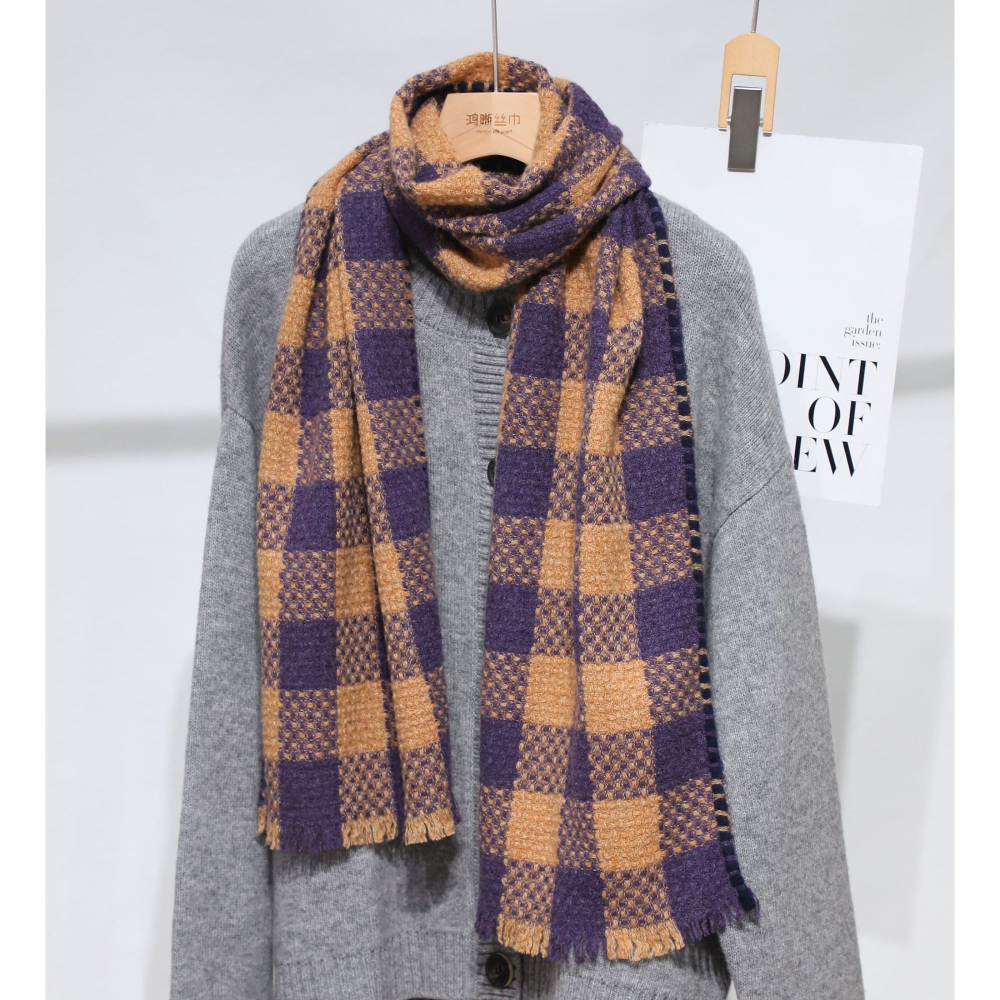 山羊绒双面针织高级搭配紫咖撞色格子180*30长巾围巾披肩外搭L242