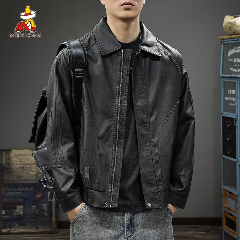 Mexican/稻草人美式潮牌复古皮衣男款秋季宽松机车PU皮夹克外套潮