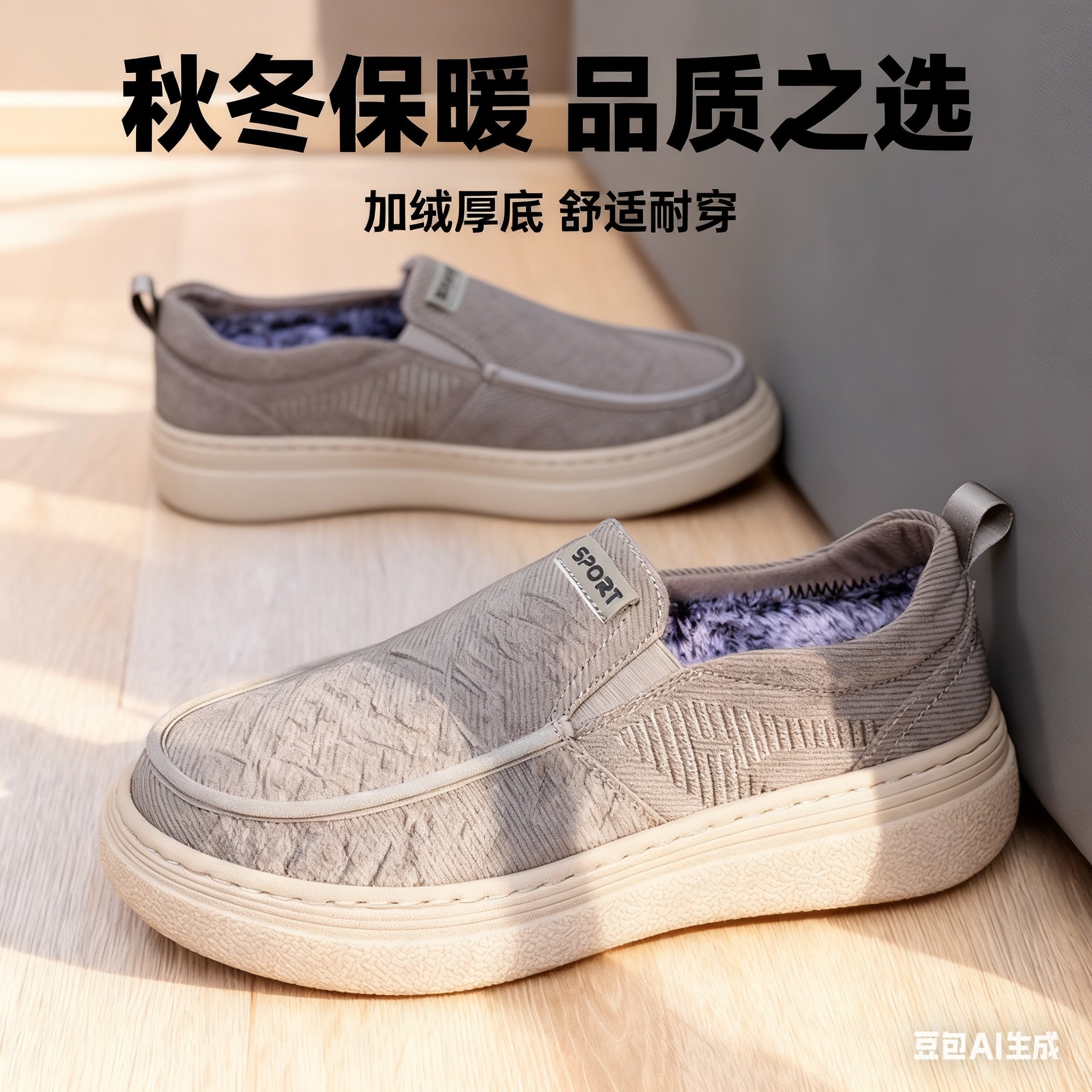 广州冬季素面防滑一脚蹬圆头套筒保暖布鞋豆豆干净感痞帅男鞋