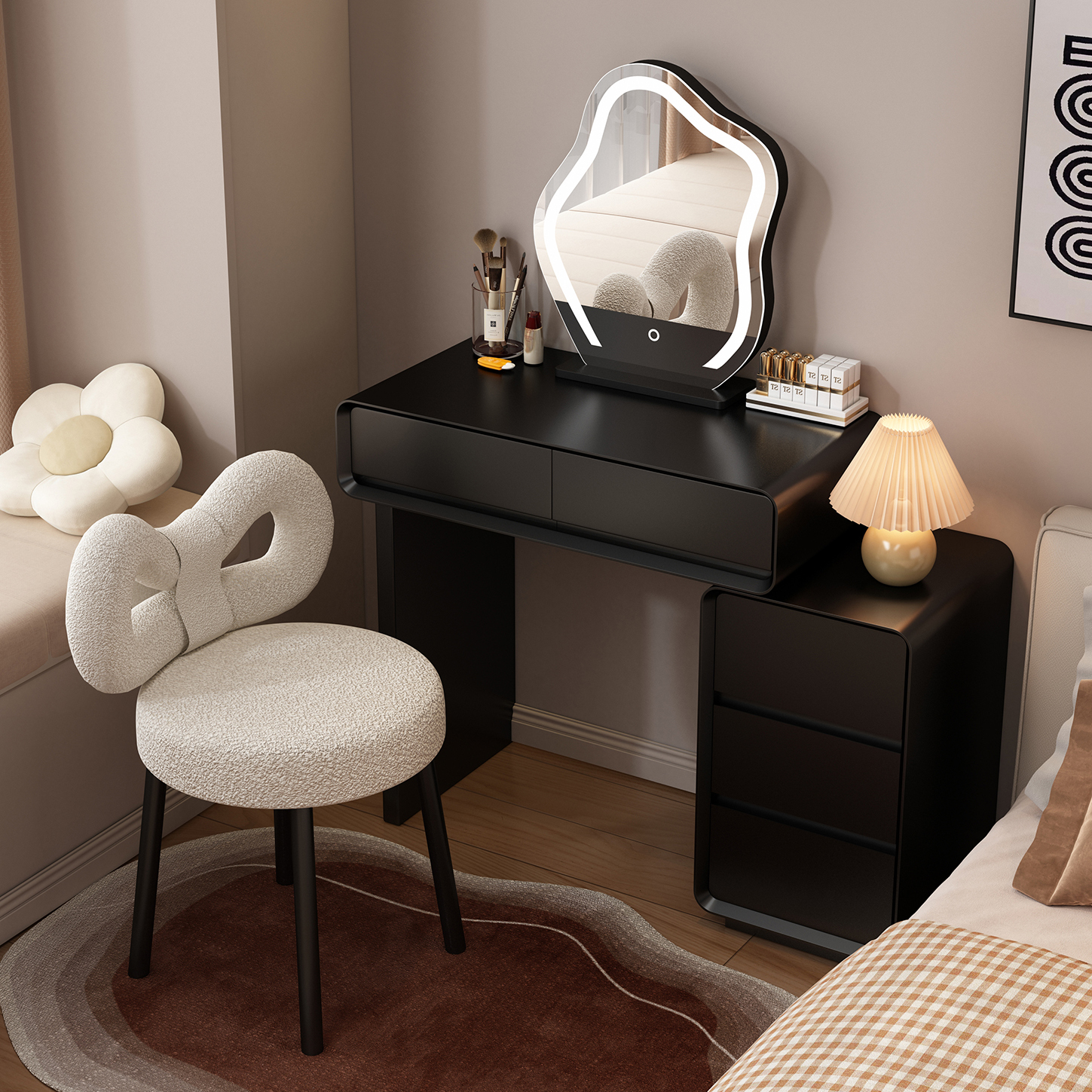 实木烤漆梳妆台高级黑色卧室现代简约轻奢小户型化妆桌收纳柜一体