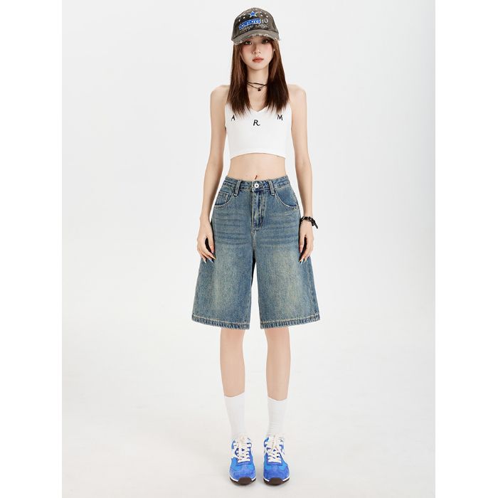 高腰阔腿五分牛仔短裤女2025夏季薄款宽松显瘦百搭休闲5分直筒裤