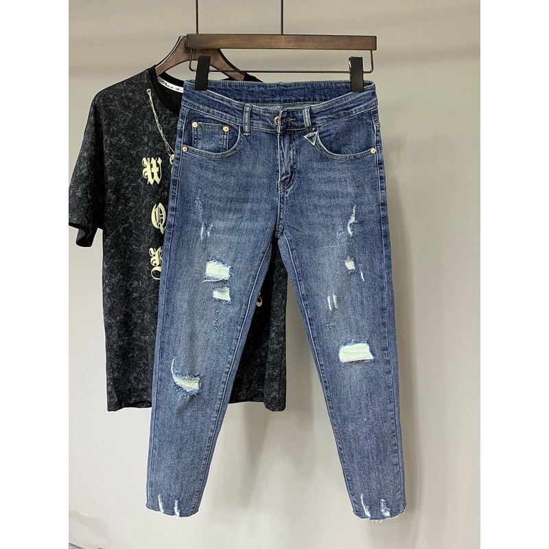 夏季薄款美式高端牛仔裤男休闲百搭破洞修身小脚裤潮流蓝色九分裤