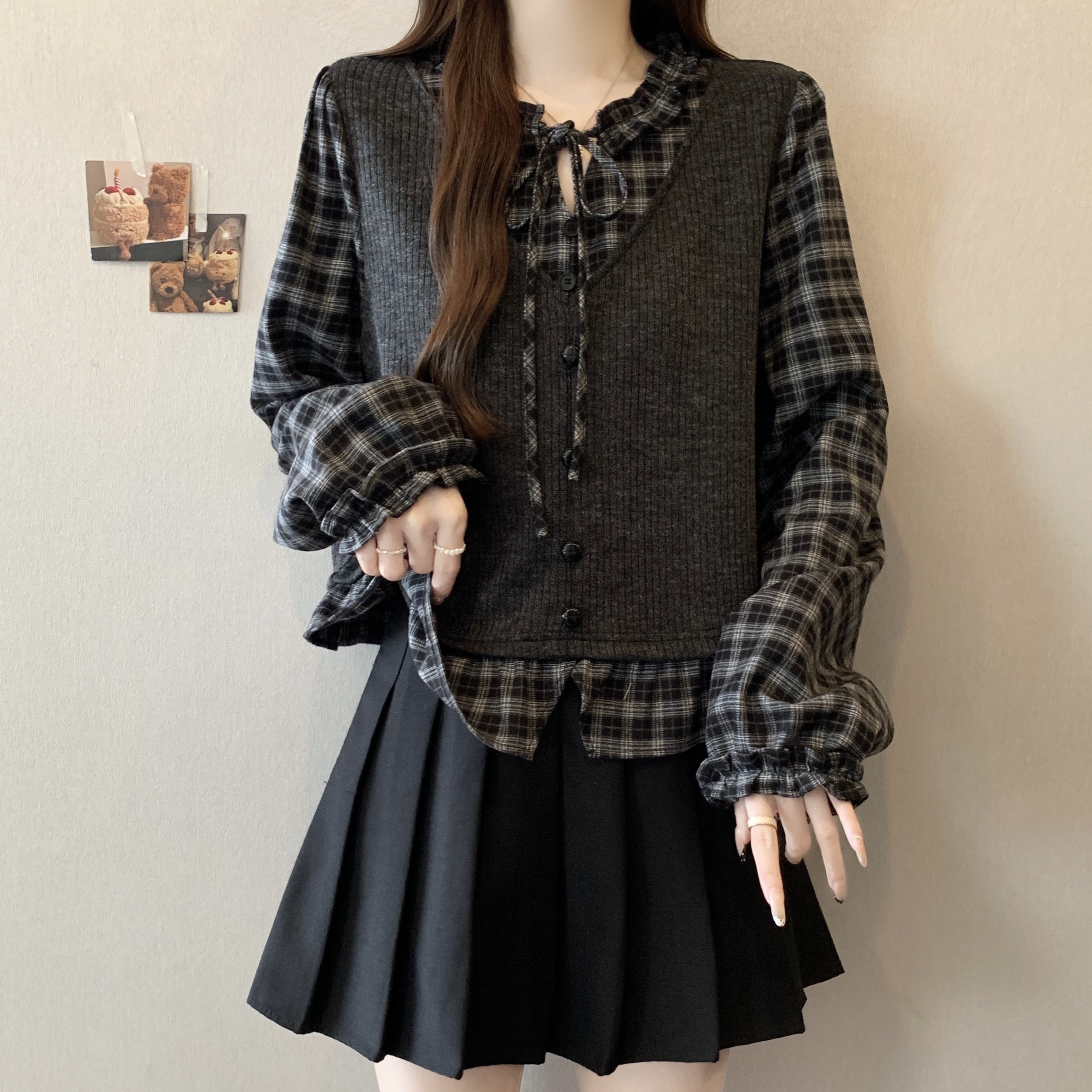 大码女装遮肚子假两件格子拼接衬衫女秋冬胖妹妹宽松显瘦长袖上衣