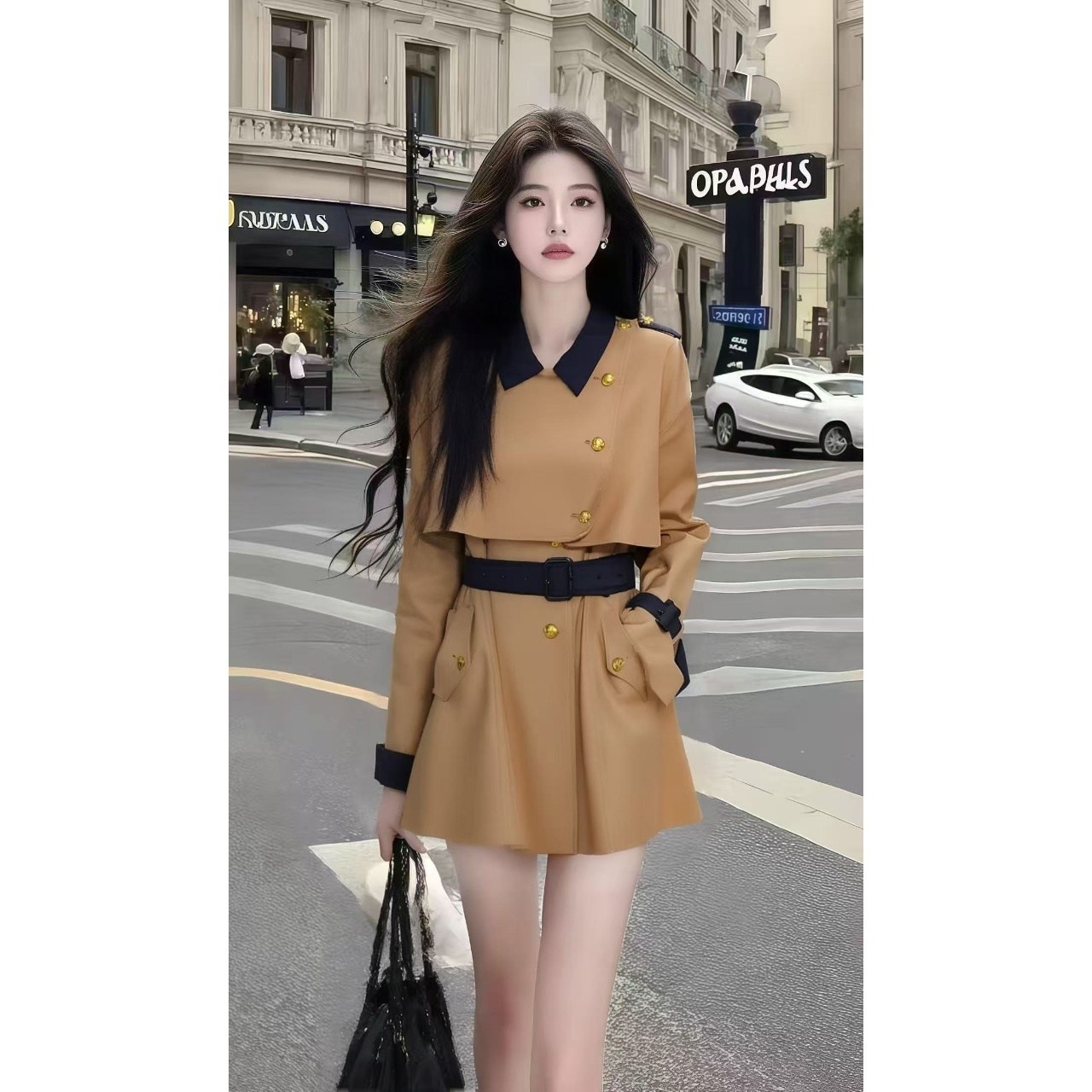 简约时尚休闲通勤风卡其色翻领长袖收腰系带设计感连衣裙小众裙子