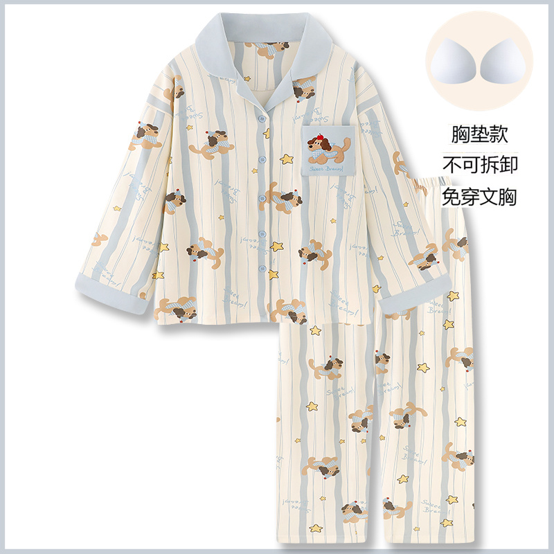 【秋冬带胸垫款】泡泡绵睡衣女加大加肥长袖带胸垫可外穿家居服套装