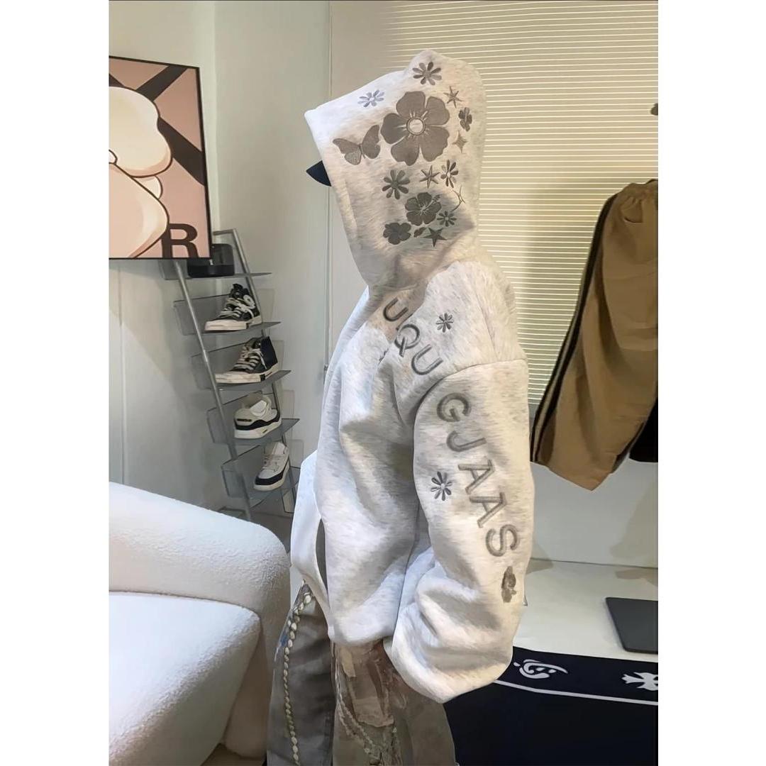 YWBY秋冬加绒加厚刺绣连帽卫衣女美式高街宽松百搭潮流休闲上衣