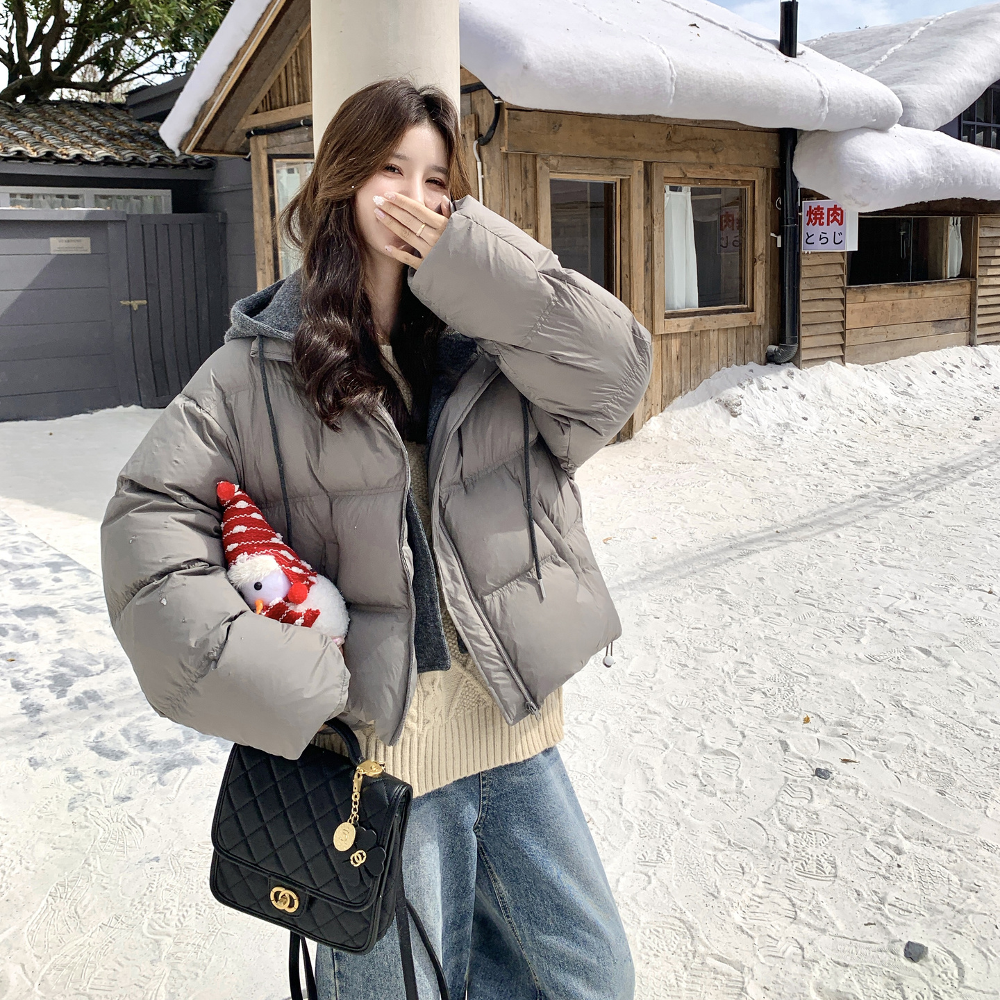 灰色韩系假两件短款羽绒服女2025冬季新款小个子氛围感白鸭绒外套