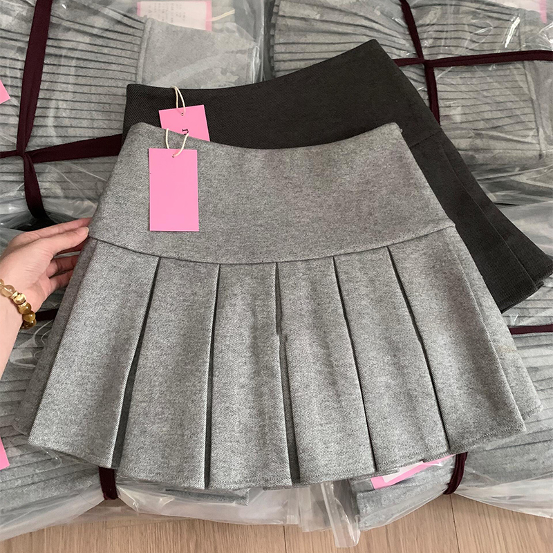 9323大码胖mm学院风灰色毛呢百褶半身裙女秋冬季高腰显瘦A字短裙