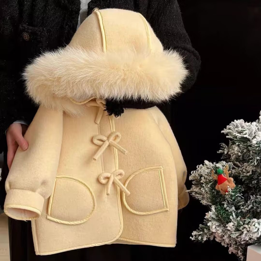 外套2024韩版女宝宝过年儿童女童蝴蝶结连帽毛呢大衣温暖绒感