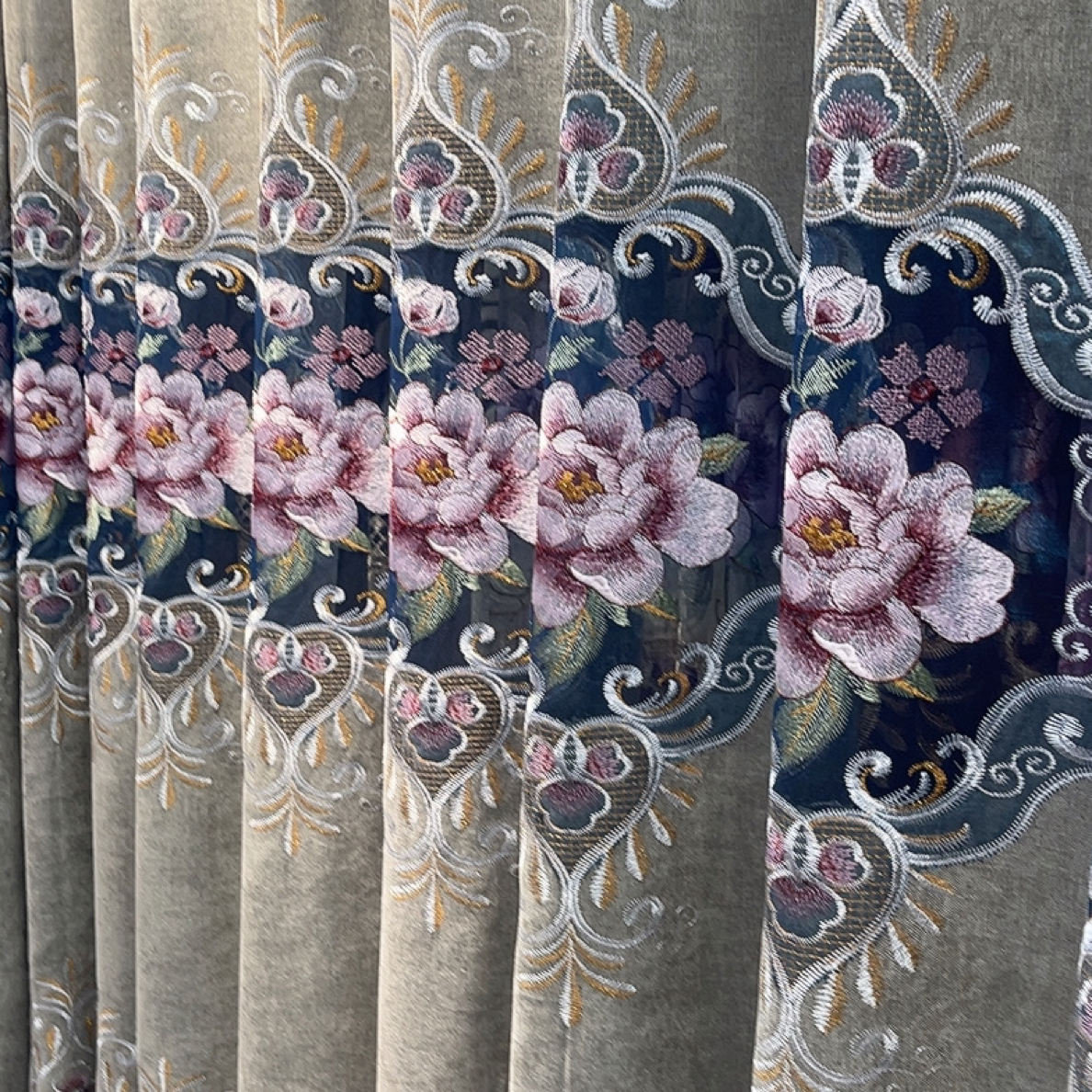 双面雪尼尔灰色牡丹绣花小镂空客厅阳台卧房工艺窗帘