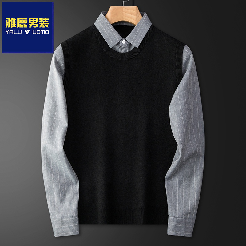 雅鹿男装假两件毛衣衬衫领春秋季新款条纹休闲衬衣男装针织打底衫