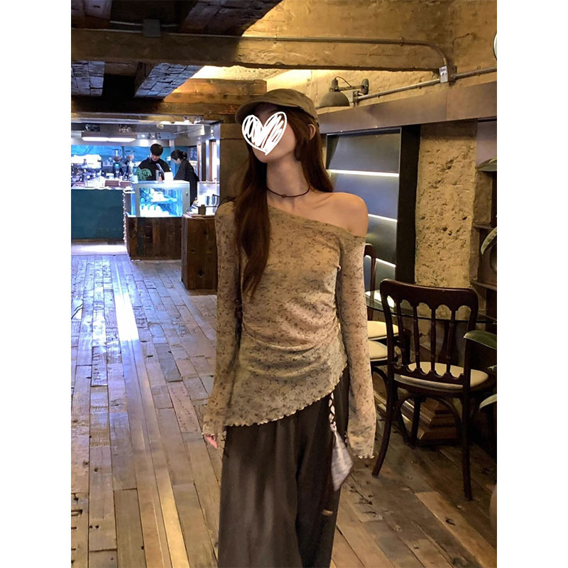 固质高端2025年早秋新款一字领斜肩复古不规则开叉长袖T恤女上衣