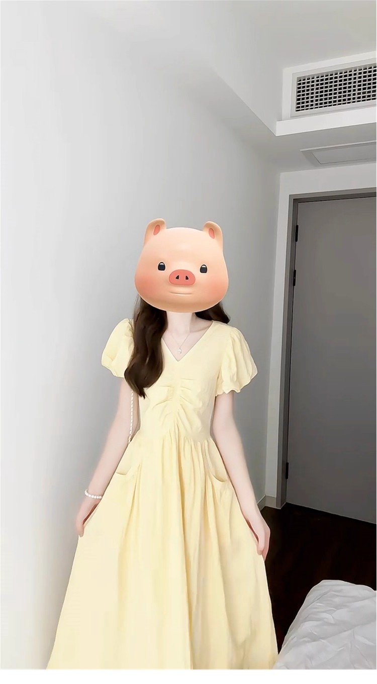 【现货+运补】法式温柔气质v领长裙收腰黄色泡泡袖连衣裙5164