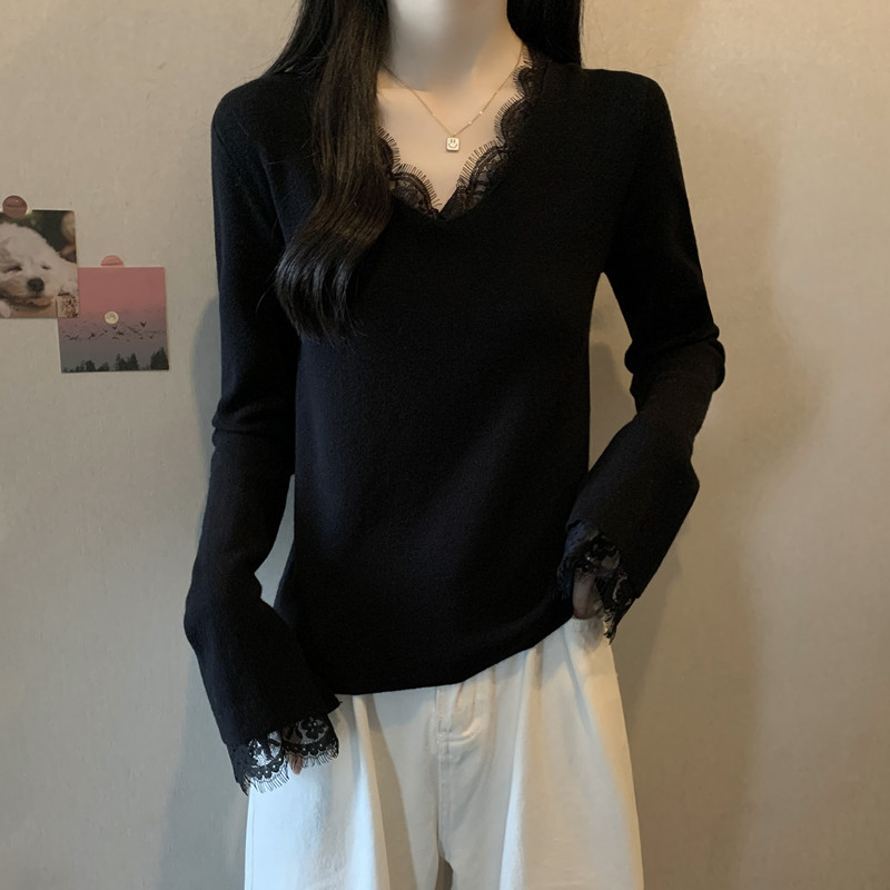 大码胖mm2025秋季打底针织衫长袖显瘦减龄蕾丝V领拼接设计感上衣