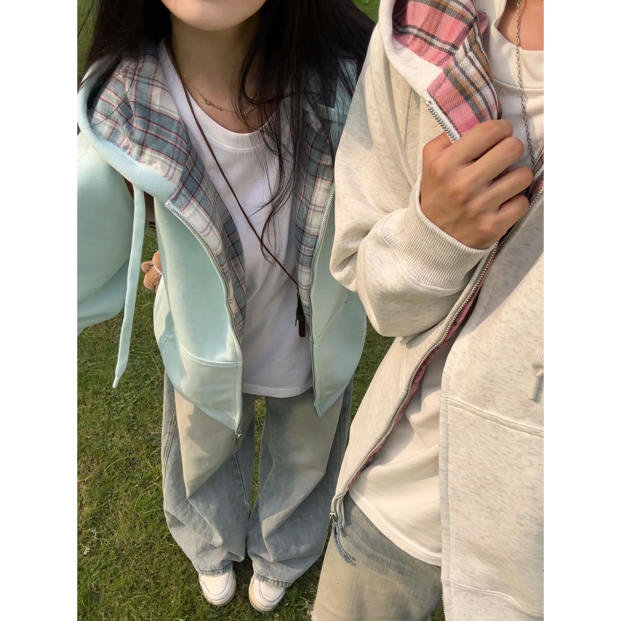 格子拼接开衫卫衣男秋季慵懒感情侣装连帽衫cleanfit美式休闲外套