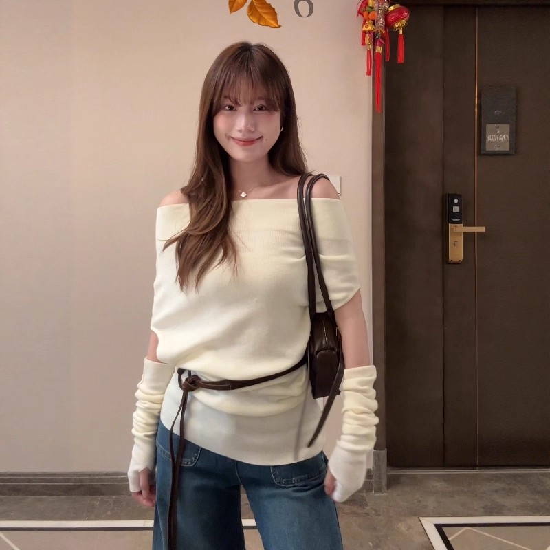 纯欲温柔风一字领毛针织衫女2025早秋季新款韩系小众别致气质上衣