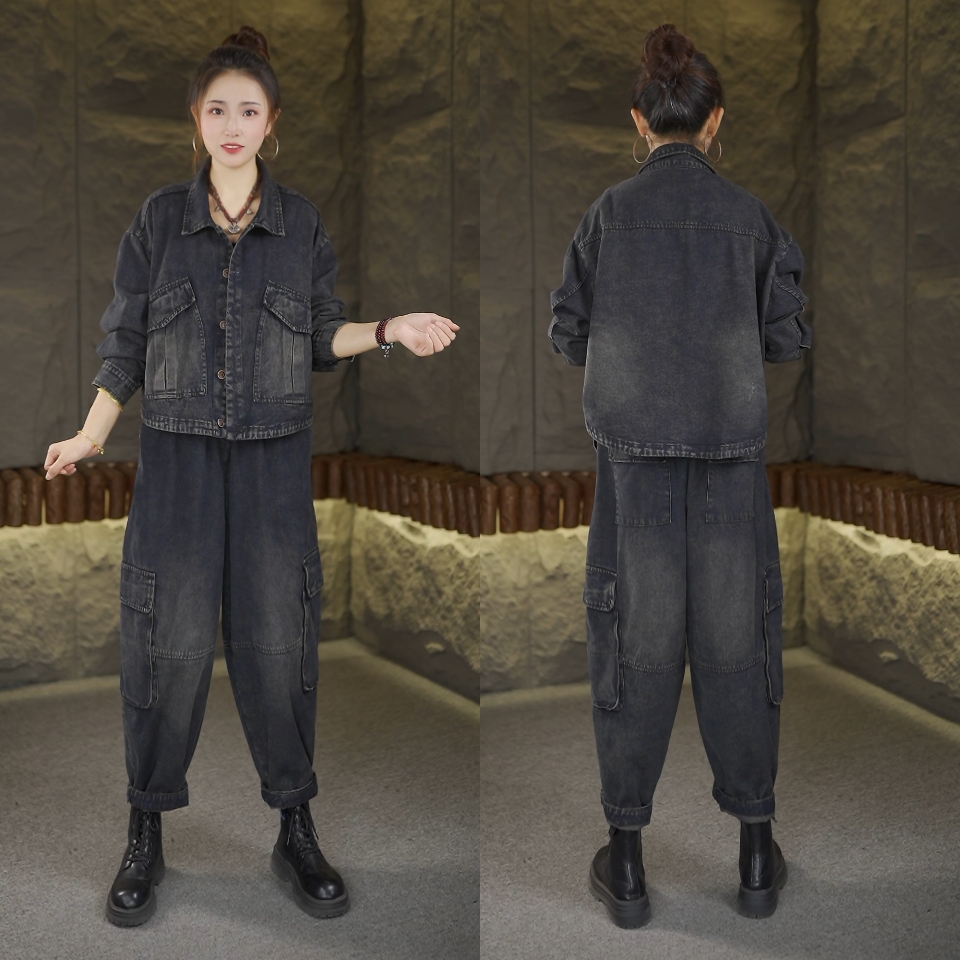 2025秋季宽松休闲时尚新款大码复古水洗牛仔外套裤子套装2640