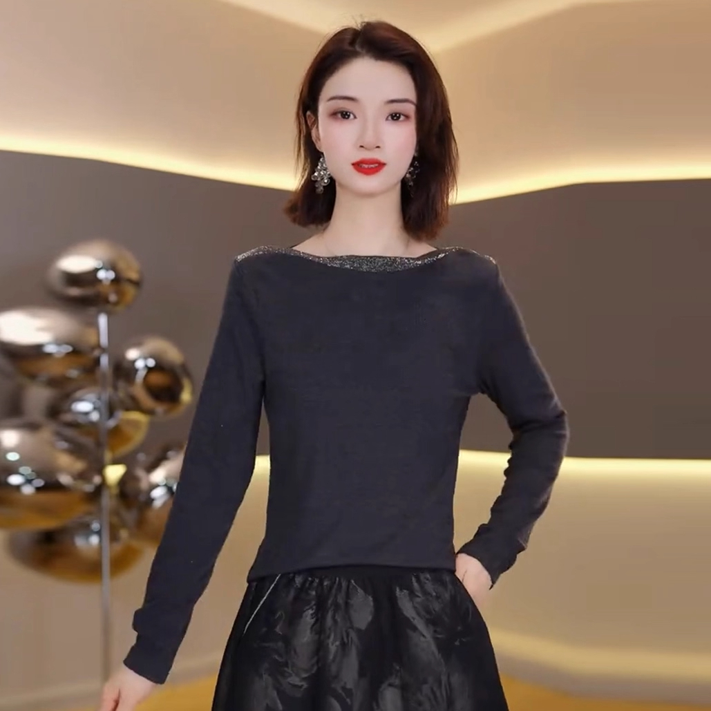 时尚T恤女2025秋季新款气质简约修身显瘦一字领烫钻百搭打底衫潮