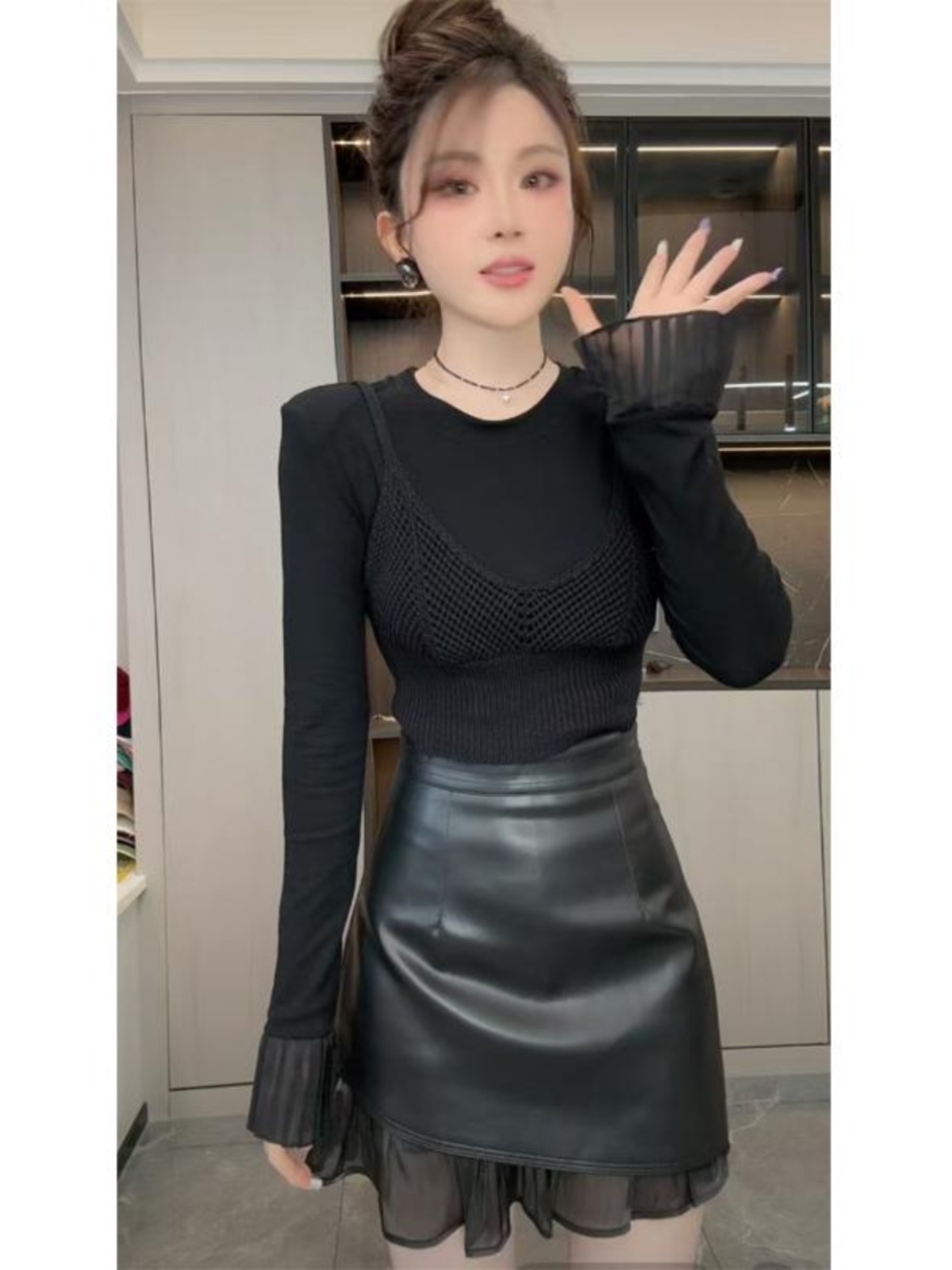 美式辣妹长袖针织衫独特吊带背心设计感两件套上衣女2025秋冬新款