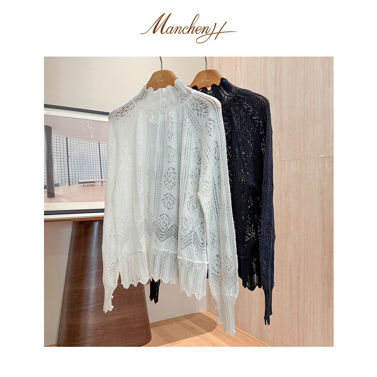 曼辰manchenh"珍珠港"重磅蕾丝刺绣云朵羊绒羊毛镂空针织上衣