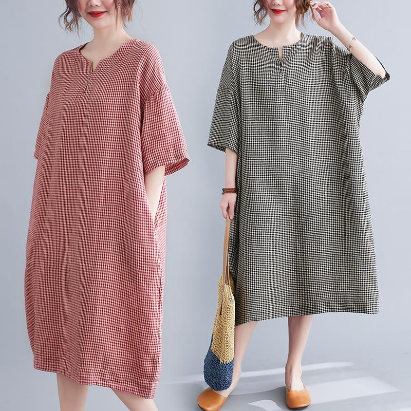 哥弟阿玛施正品胖妹妹夏装2025新款棉嘛大码女装遮肚格子短袖V领