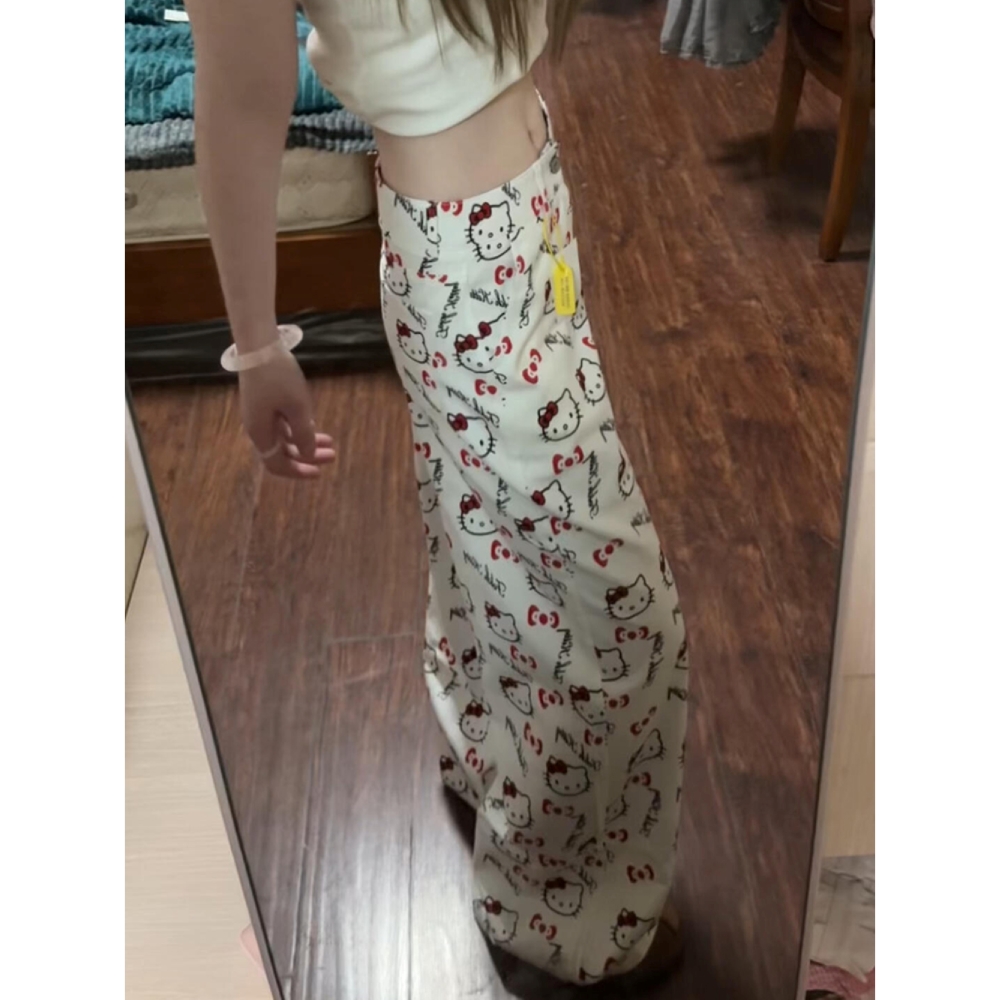 卡通可爱kitty猫咪印花牛仔裤女2025冬季新款直筒宽松慵懒阔腿裤